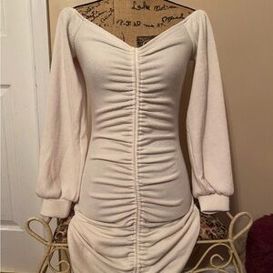 Fashion Nova Ivory Ruched Long Sleeve Mini Dress